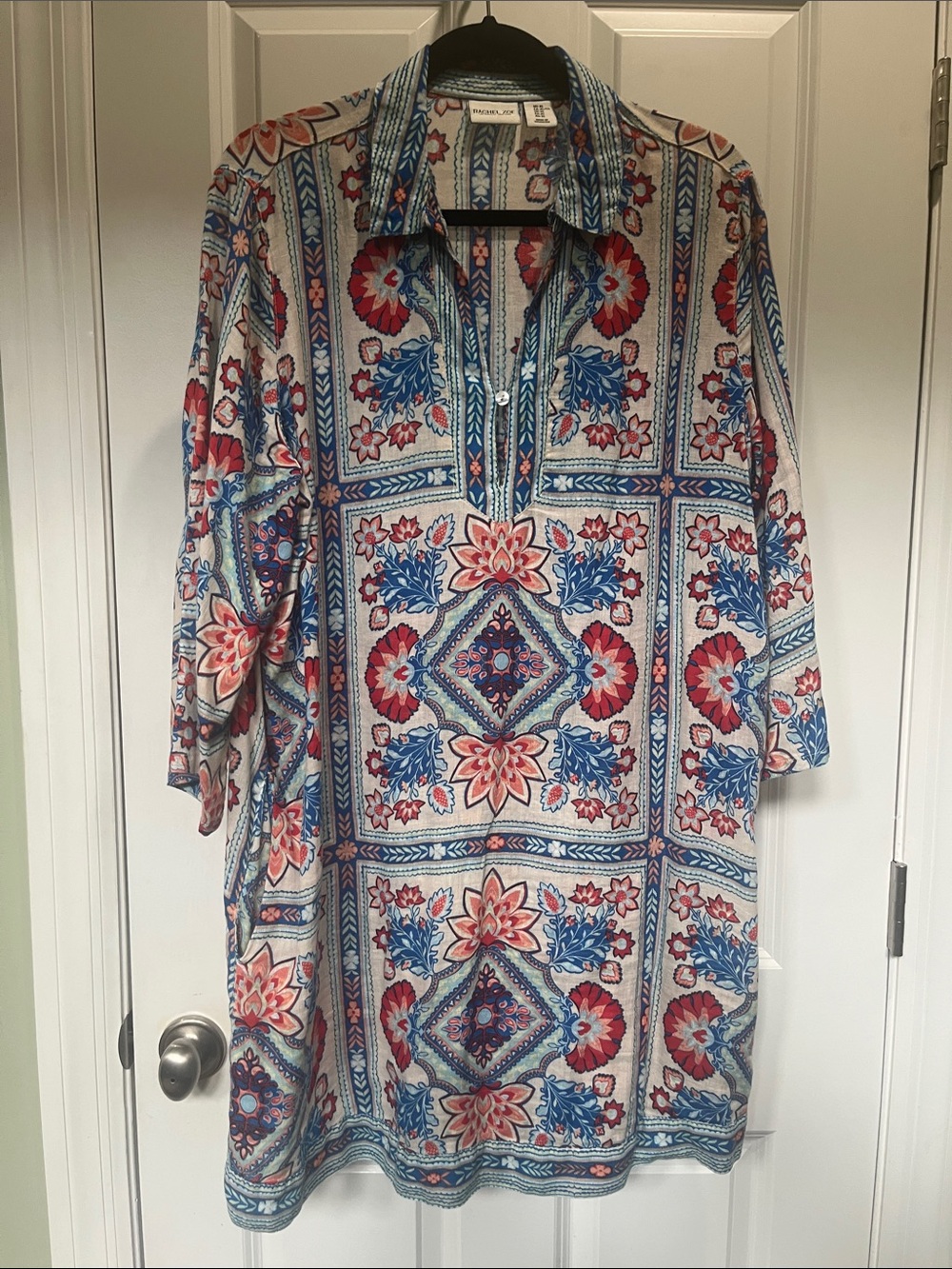 Rachel Zoe Long-Sleeve Collared Tile-Print Dress in Blue & Red